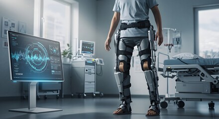 Medical exoskeleton rehabilitation technology in modern hospital room with digital screens and medical equipment. Future healthcare innovation treatment