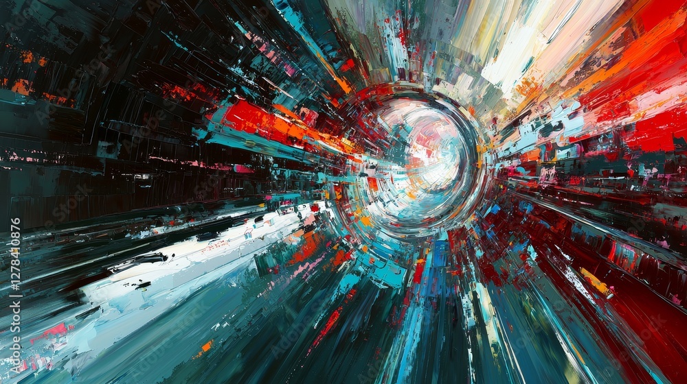 Poster dynamic abstract explosion digital art colorful swirls vibrant environment eye-level view conceptual