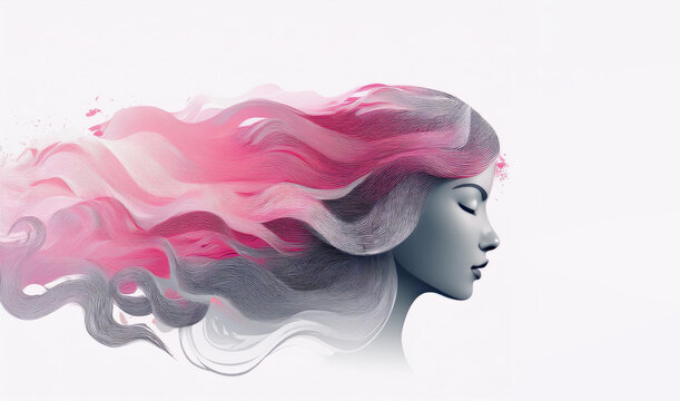 Silueta de una mujer de perfil con el pelo  hacia atr&aacute;s en colores rosa y gris, ilustraci&oacute;n para el dia internacional de la mujer