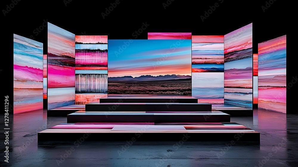 Aufkleber a vibrant display featuring multiple screens showcasing colorful landscapes and abstract images in a