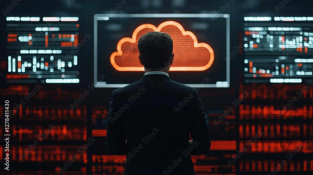 Aufkleber a businessman monitors cloud data on a digital interface, surrounded by red analytics displays, repr