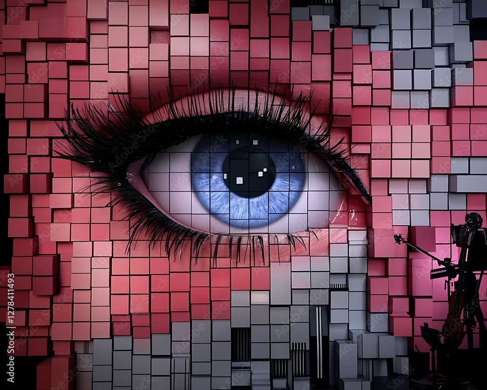 Aufkleber a striking digital eye against a backdrop of colorful pixelated squares, blending technology and art