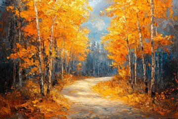 Obraz premium Autumn pathway through golden forest scenic nature landscape vibrant fall colors serene environment side view