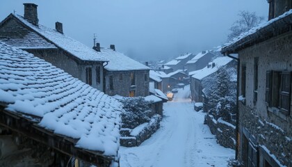 Fototapeta premium Snowy Stone Village Street at Twilight