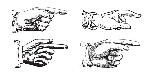 Set of antique engravings of pointing fingers. Hands pointing symbols.