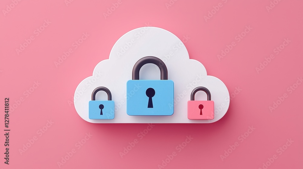 Poster a cloud symbol with three different locks, representing digital security and data protection against