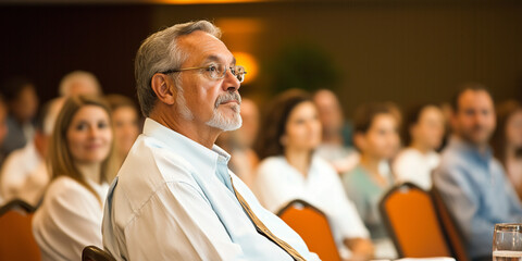 retiree attentively listening during seminar, surrounded by engaged audience