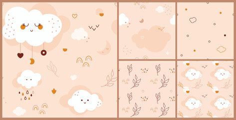Bohemian baby seamless patterns. Gender neutral five repeating pictures with cloud face kawaii leaves rainbows moon heart.