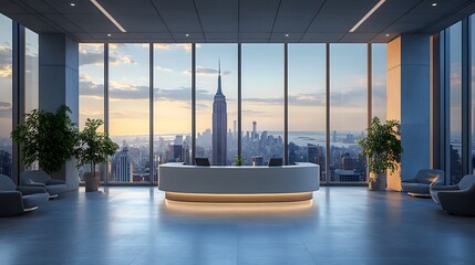 Elegant office entrance with a contemporary reception desk, spacious seating area, and panoramic skyscraper background through tall windows