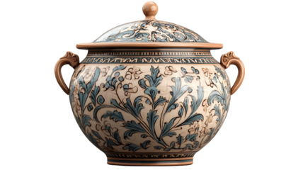 A ceramic pot with intricate floral patterns, isolated on a transparent background. The pot has a glazed finish, with a matching lid and decorative handles.