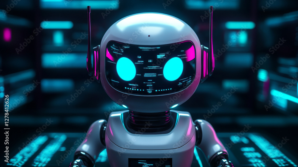 Poster computer security banner with cute robot character. concept of information protect, safety internet 