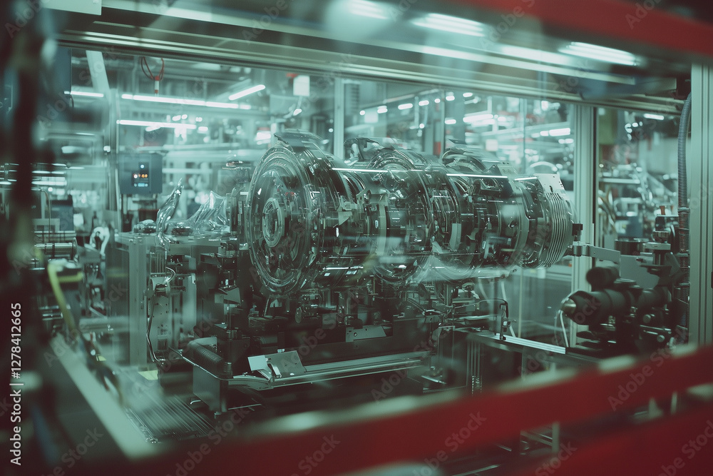 Poster robotic arm assembling parts in high tech factory setting