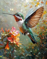 Hummingbird feeding on colorful flowers nature scene vibrant environment close-up perspective artistic imagery