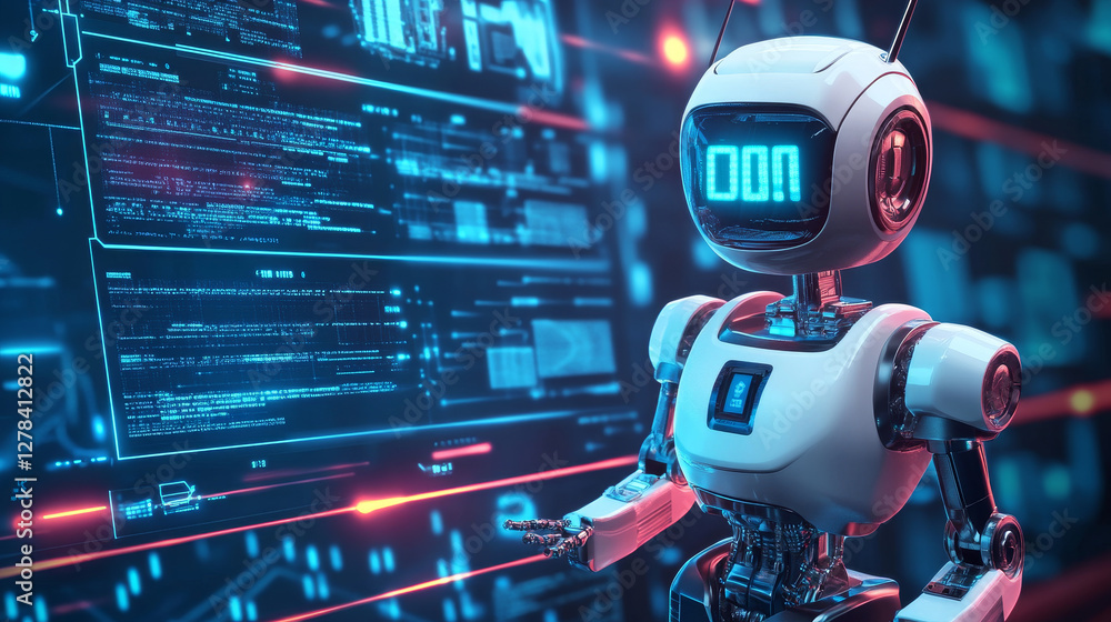 Poster computer security banner with cute robot character. concept of information protect, safety internet 