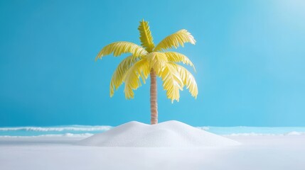 Fototapeta premium Arafed palm tree stands on a sandy beach under a clear blue sky, creating a serene tropical atmosphere perfect for relaxation and enjoyment.