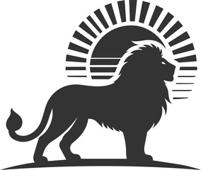 A lion standing tall with the sun rising behind it