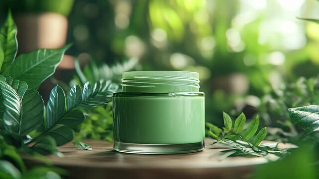 Green cosmetic jar of moisturizer on a nature-inspired background, surrounded by lush plants, highlighting organic skincare for beauty and spa presentations.