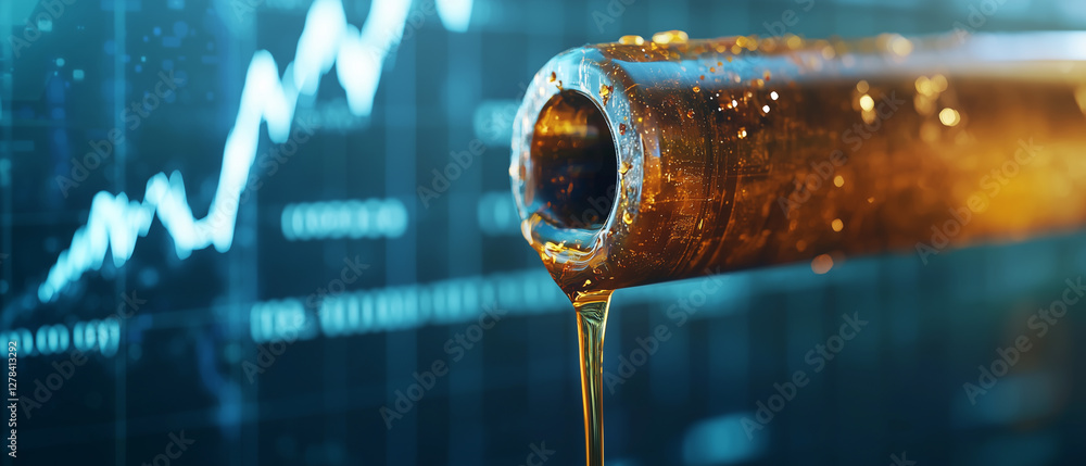 Poster oil dripping from pipe with financial graph in background