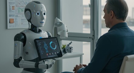 Humanoid robot showing digital screen to mature caucasian businessman in office. Artificial intelligence and human interaction demonstration in corporate environment