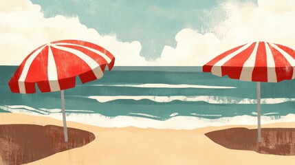 Two vibrant red and white umbrellas are set against the sandy beach, providing shade and a pop of color in the sunny seaside landscape.