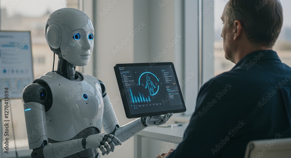 Poster humanoid robot presenting data analytics on tablet screen to caucasian man in office. artificial int