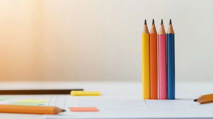 Fototapeta premium Colorful pencils arranged neatly on desk with sticky notes and project plan, creating vibrant workspace atmosphere