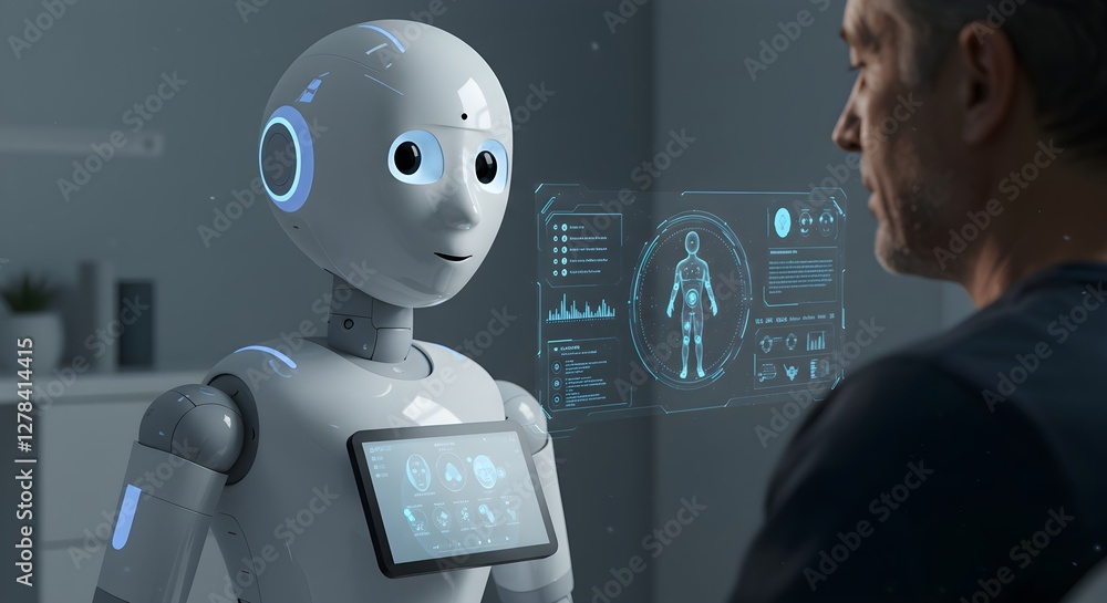 Aufkleber humanoid robot with digital interface and person looking at medical data visualization. artificial i