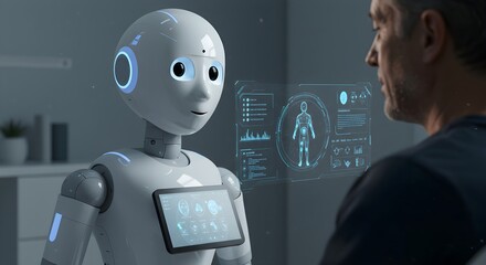 Humanoid robot with digital interface and person looking at medical data visualization. Artificial intelligence in healthcare monitoring system. Futuristic medical technology concept