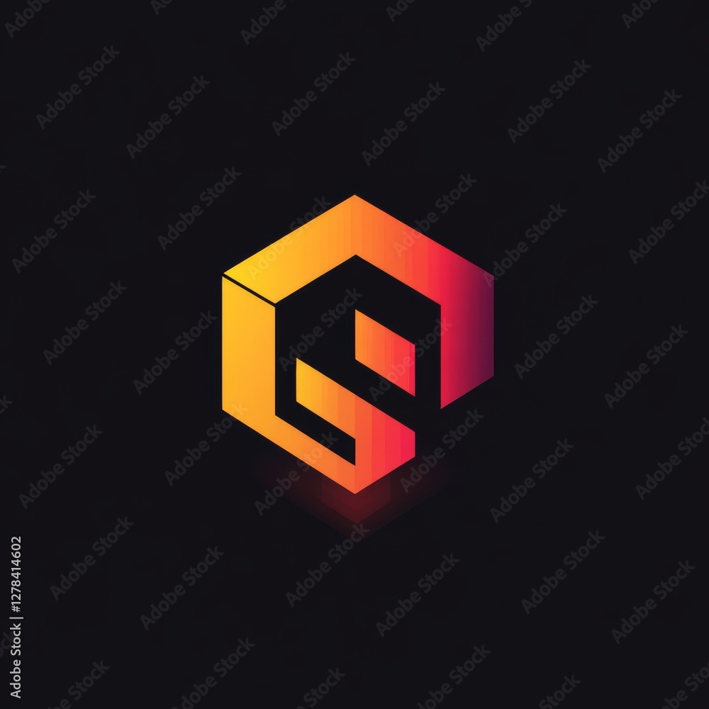 Poster abstract 3d geometric logo with vibrant gradient colors, minimalist design on a dark background