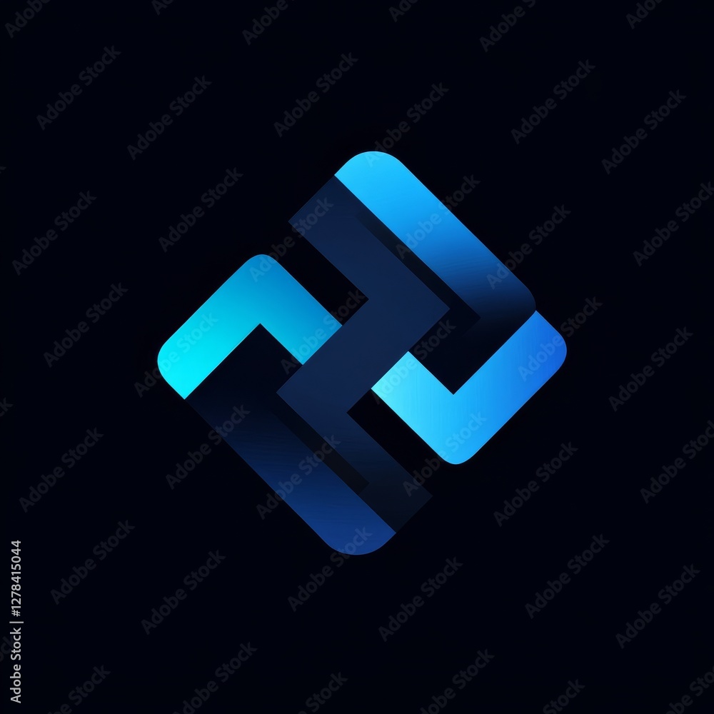 Aufkleber Abstract Blue Ribbon Interlocking Pattern with Rounded Square Shape on Black Background for Technology or Business Brand