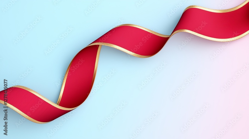 Poster elegant red ribbon twisting against soft blue background graphic design element minimalist style