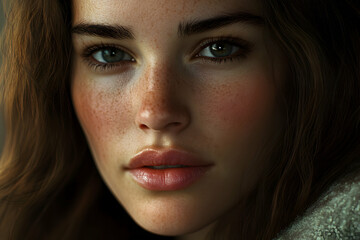 Fototapeta premium Close-up portrait of a young woman with freckles and long brown hair, soft lighting emphasizing her natural beauty.