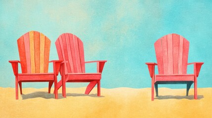 Two vibrant red chairs are positioned on the sandy beach, overlooking the serene ocean waves under a clear blue sky.