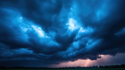 Stormy Night Sky Over Field; Lightning Strikes