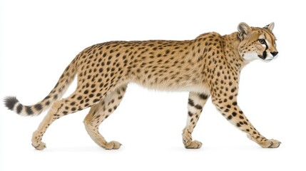 Obraz premium A giraffe gracefully strides across a pristine white surface, set against a completely white background, emphasizing its elegant form.