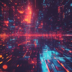 Fototapeta premium Abstract Digital Landscape: Neon Data Streams and Circuit Board Cityscapes