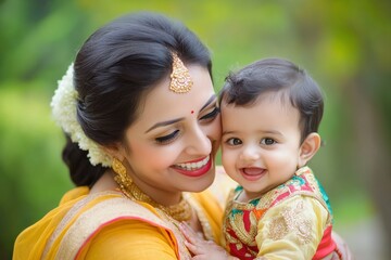 Indian Mother and Baby Smiling. Happy Asian Mom and Child Bonding with Joy