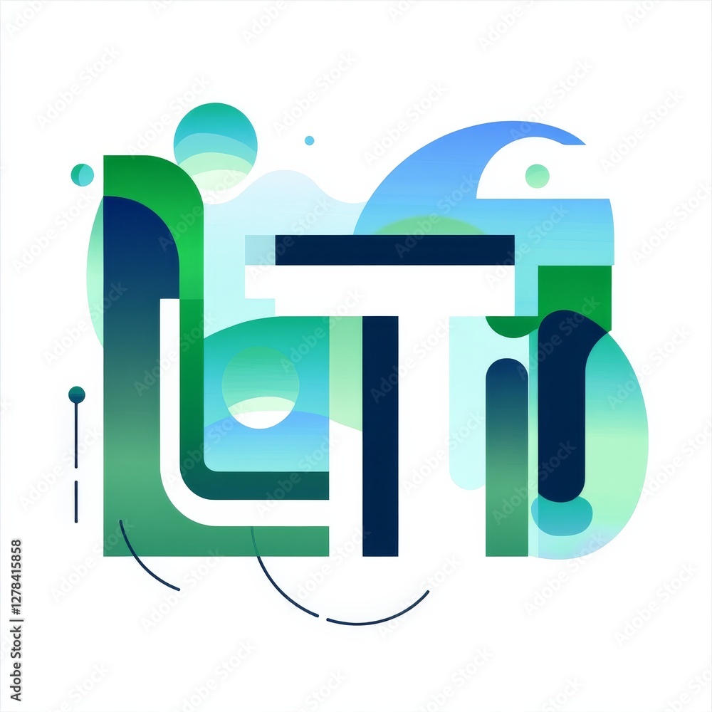 Aufkleber abstract letter design with geometric shapes and overlapping layers in cool blue and green hues.