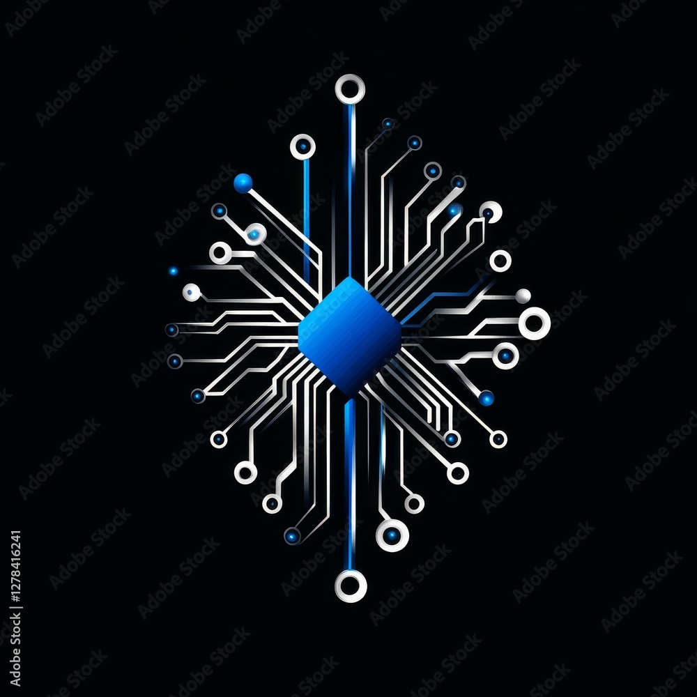 Poster abstract tech: detailed illustration of a futuristic circuit board with a central blue chip and inte