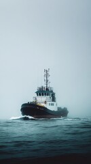 Fototapeta premium Majestic Tugboat Navigating a Misty Sea