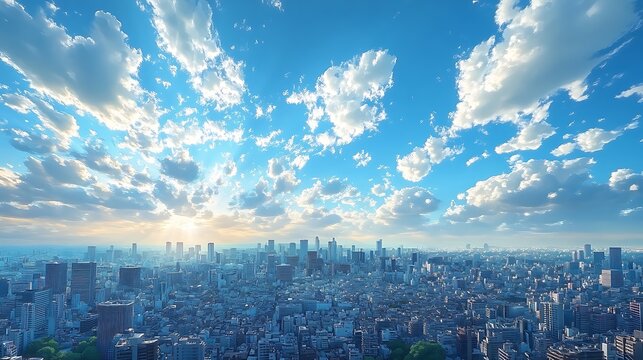 Cityscape sunrise, clouds, urban panorama