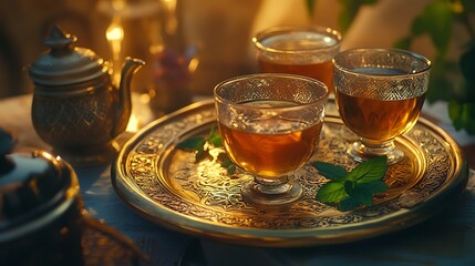 Serving Traditional Moroccan Mint Tea on Golden Tray with Ornate Detailing