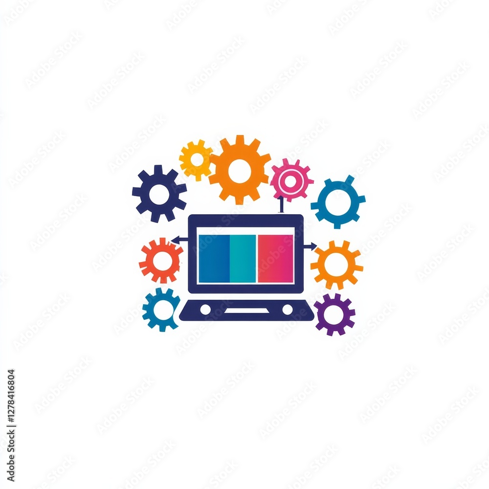 Poster Colorful Laptop with Gears: Technology and Innovation for Software Development and Processing Solutions