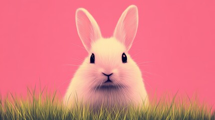 Obraz premium A white rabbit rests peacefully on green grass, set against a soft pink background, creating a serene and charming scene.