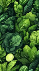 Fototapeta premium Vibrant Green Foliage Pattern with Vegetables and Gourds