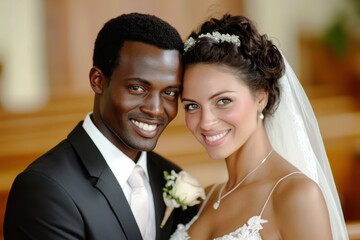 Interracial Wedding: Happy Bride and Groom Exchanging Vows in Church