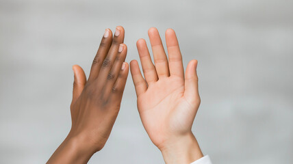Celebrating diversity and unity, two hands of different skin tones come together in gesture of connection and collaboration