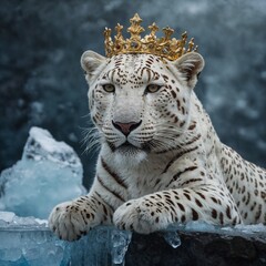 Obraz premium A regal white leopard with a golden crown, standing on a throne of ice.