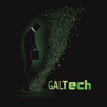 Data-Driven Disappointment: A Businessman Silhouetted Against a Cascade of Binary Code with GailTech Logo.