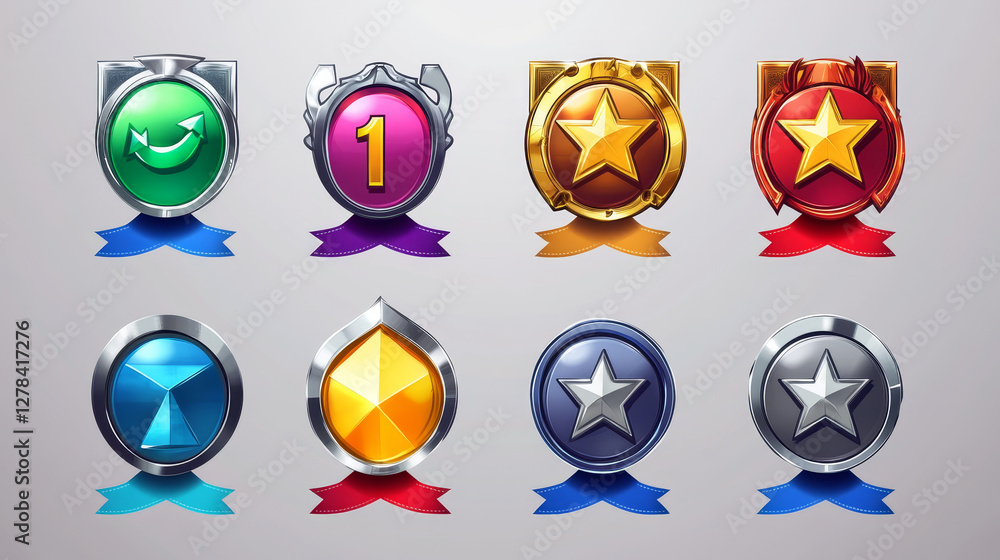 Aufkleber vector game icon set with level up badge. isolated achievement emblem with blue ribbon. 1st rank lab